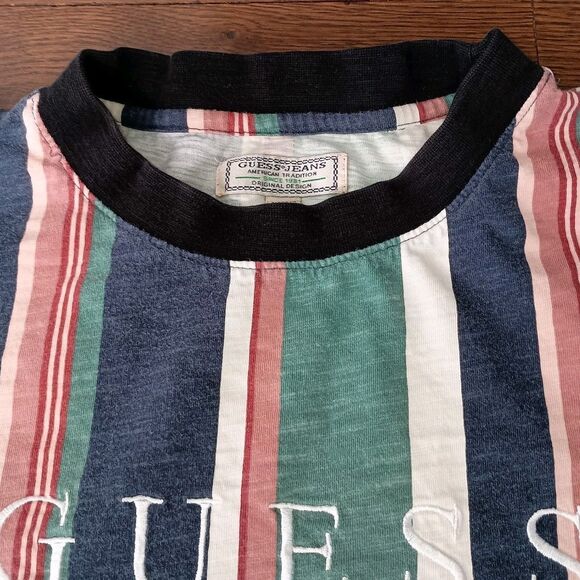 Guess Jeans Shirt Mens Medium Spellout Colorblock Retro Style Striped Tee FLAWS - Picture 2 of 15